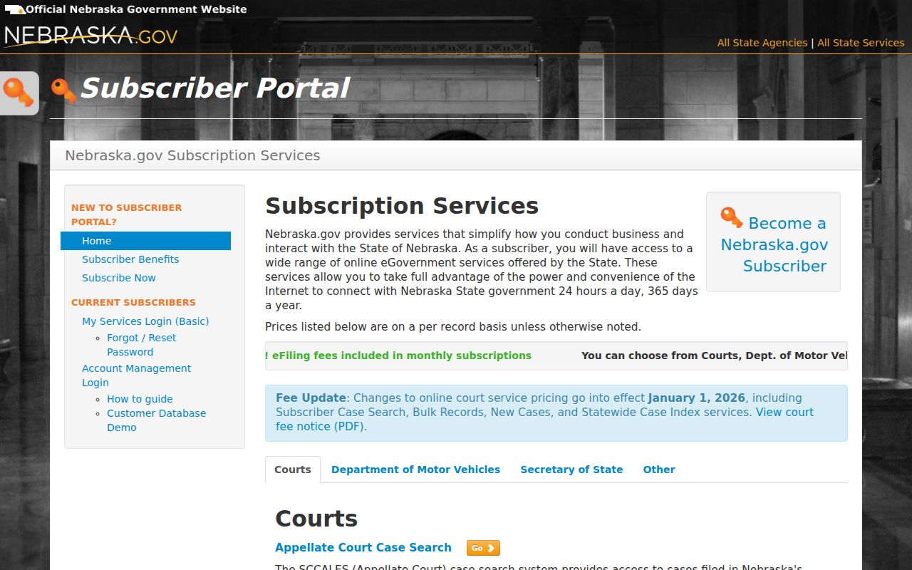 Adams County docket search Nebraska subscriber fee notice