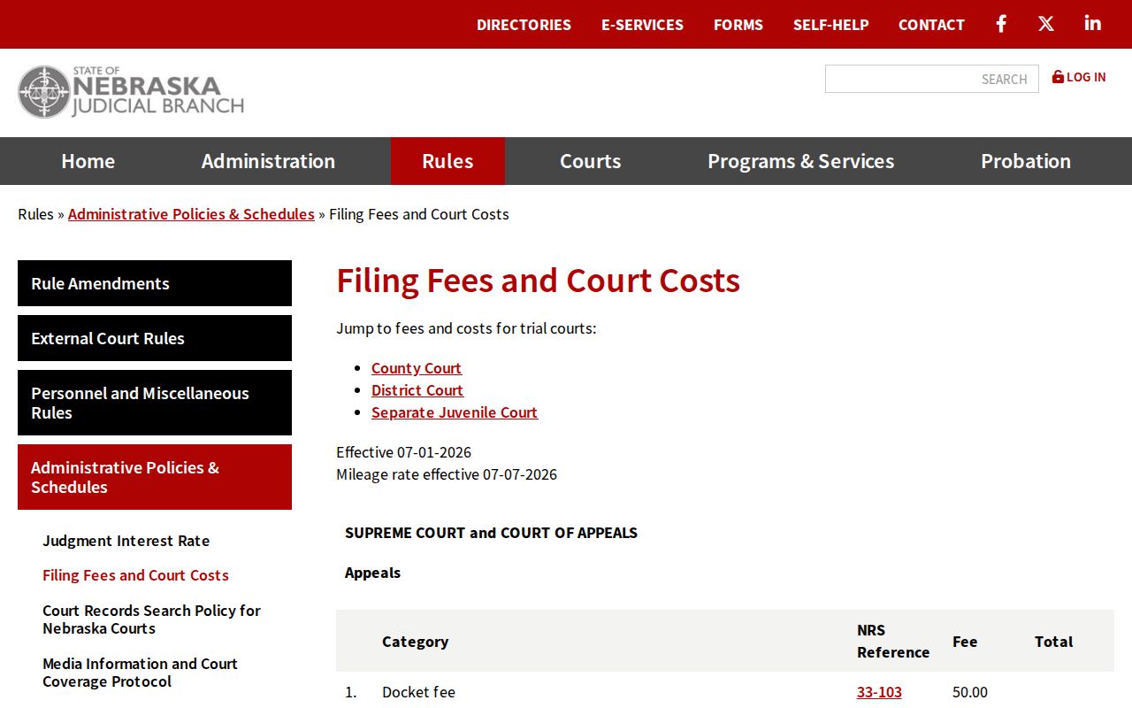 Adams County civil court dockets Nebraska filing fees and copy costs