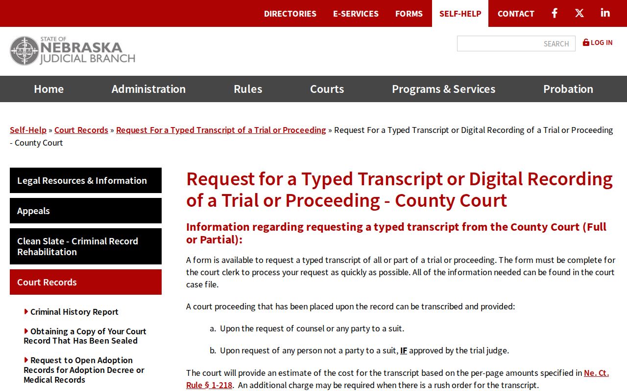 Adams County court records county transcript and digital audio request page